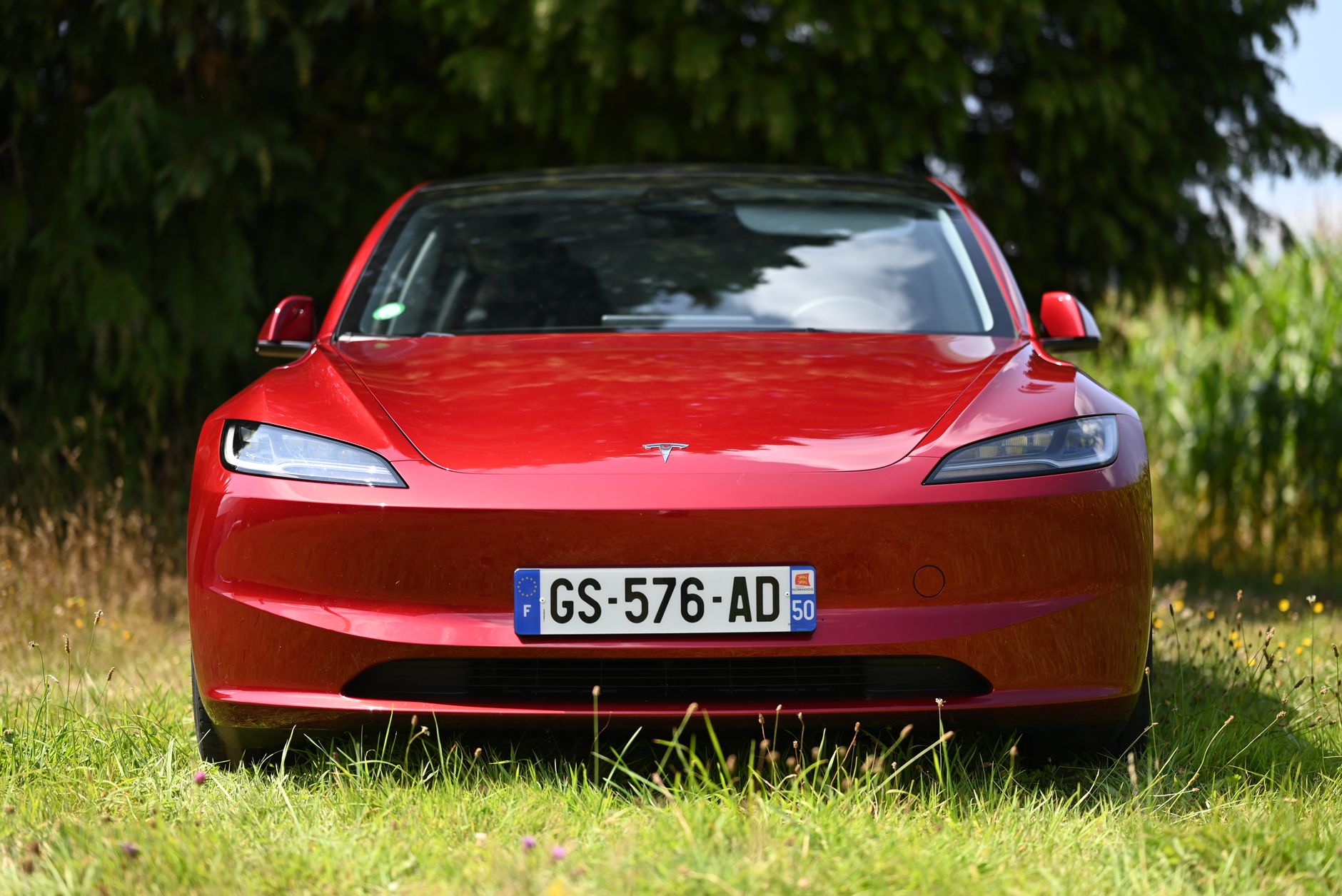 Front view of a stylish red electric car with a French license plate parked on a green lawn